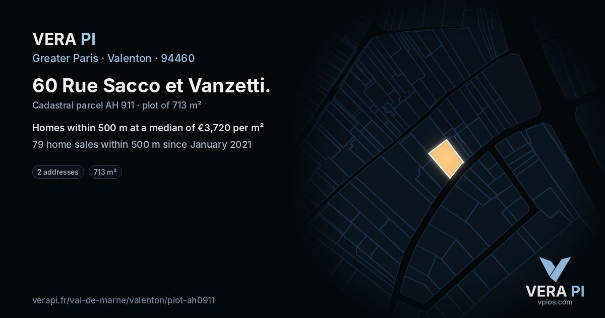 60 Rue Sacco et Vanzetti, Valenton at night – the plot lit, the parcels around coloured by the prices near them