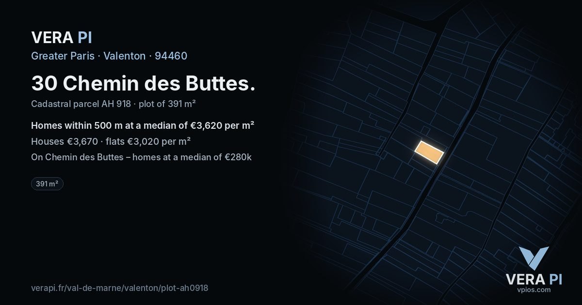 30 Chemin des Buttes, Valenton at night – the plot lit, the parcels around coloured by the prices near them