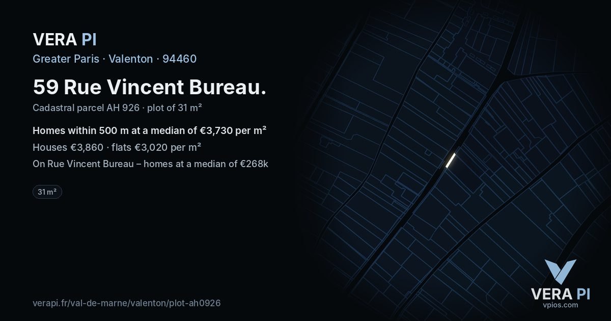 59 Rue Vincent Bureau, Valenton at night – the plot lit, the parcels around coloured by the prices near them