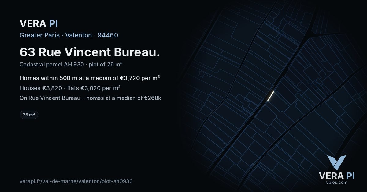 63 Rue Vincent Bureau, Valenton at night – the plot lit, the parcels around coloured by the prices near them
