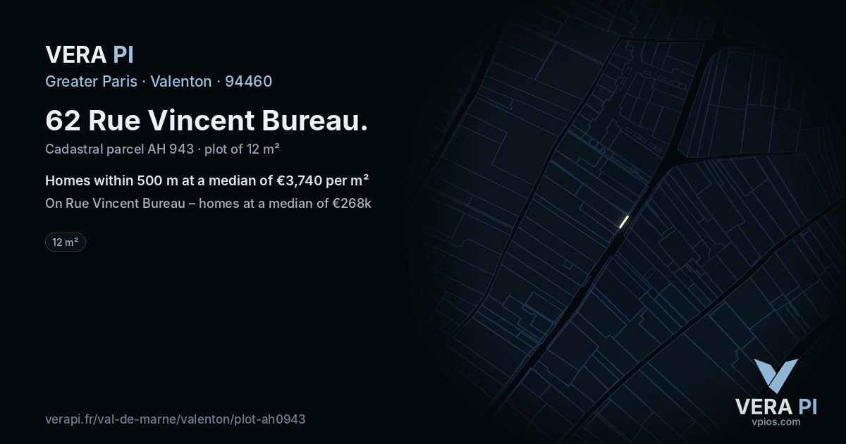 62 Rue Vincent Bureau, Valenton at night – the plot lit, the parcels around coloured by the prices near them