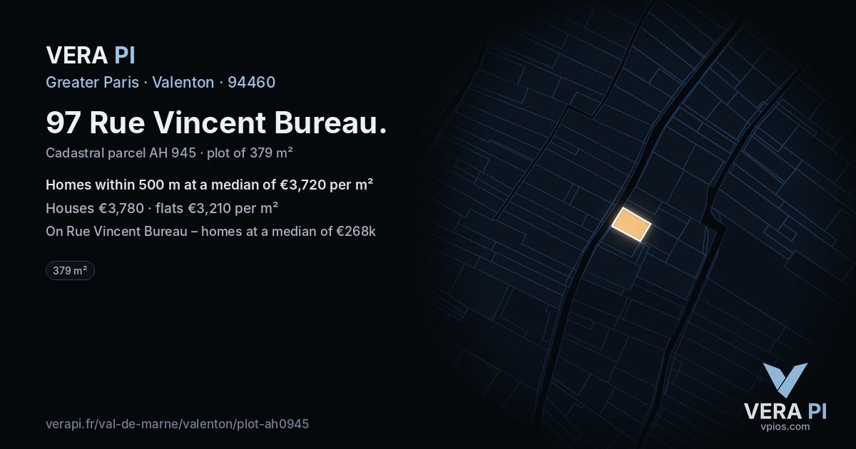 97 Rue Vincent Bureau, Valenton at night – the plot lit, the parcels around coloured by the prices near them