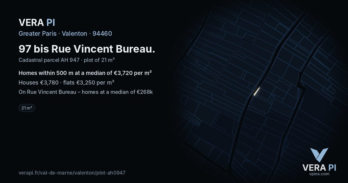 97 bis Rue Vincent Bureau, Valenton at night – the plot lit, the parcels around coloured by the prices near them
