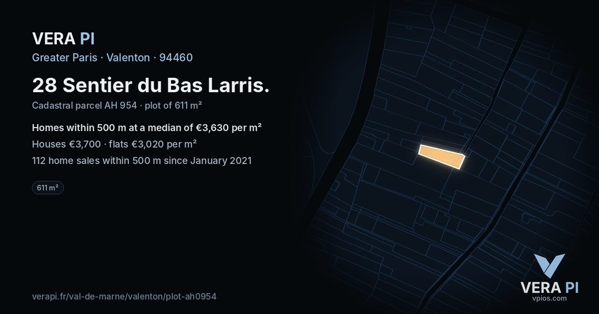 28 Sentier du Bas Larris, Valenton at night – the plot lit, the parcels around coloured by the prices near them