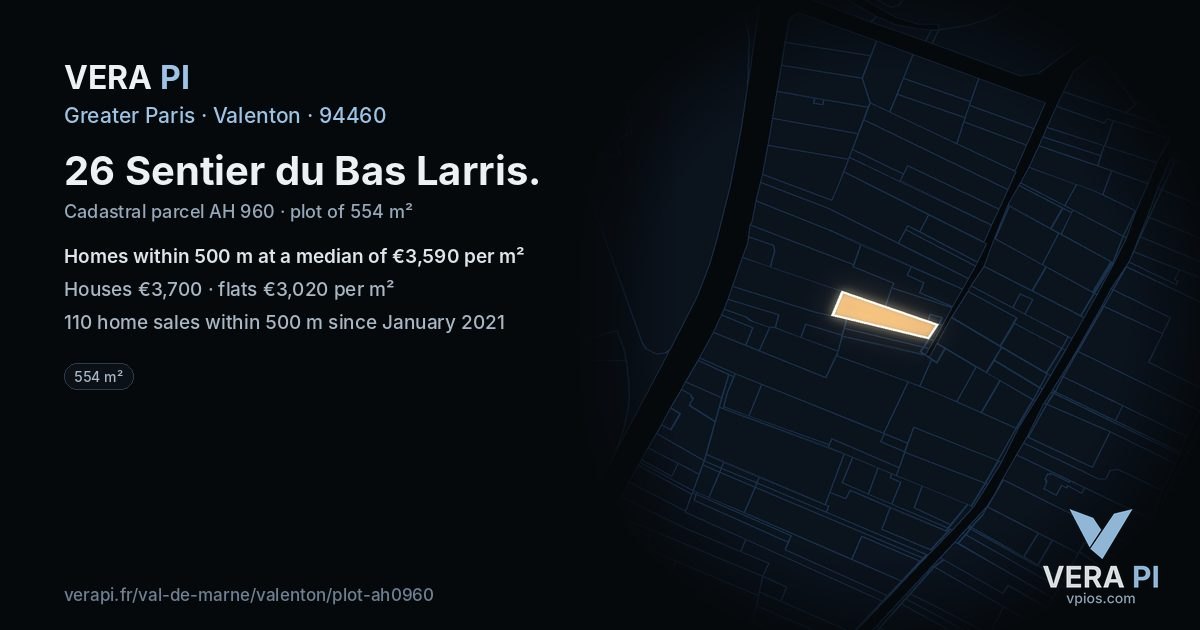 26 Sentier du Bas Larris, Valenton at night – the plot lit, the parcels around coloured by the prices near them