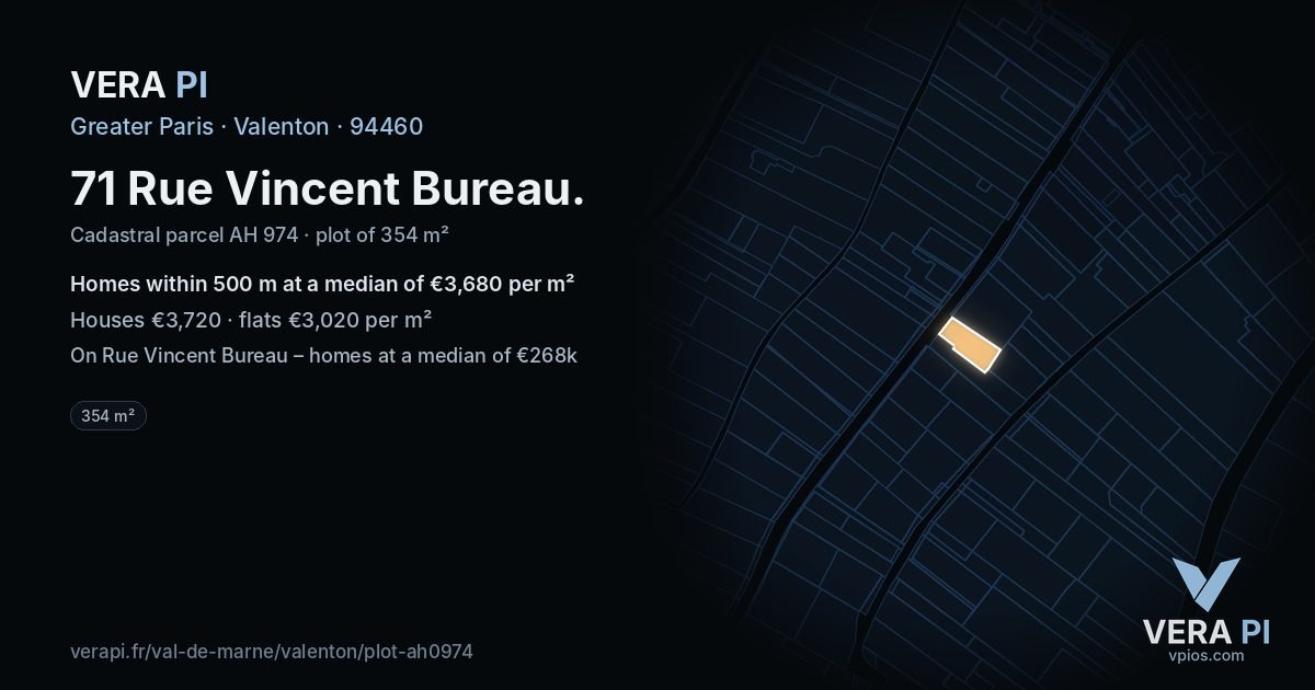 71 Rue Vincent Bureau, Valenton at night – the plot lit, the parcels around coloured by the prices near them