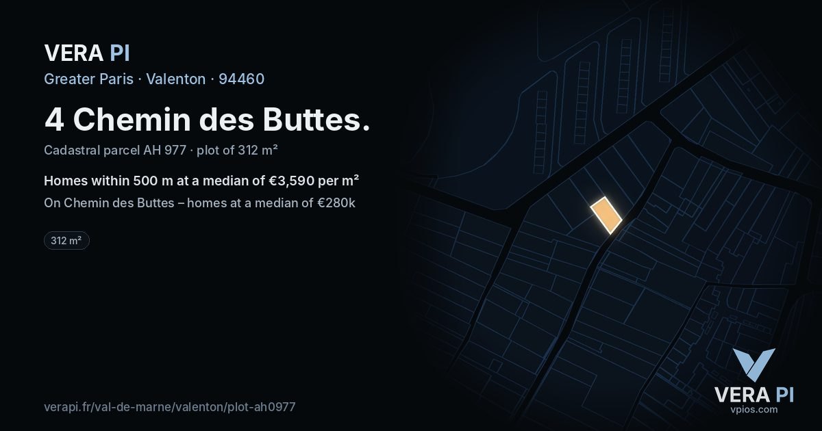 4 Chemin des Buttes, Valenton at night – the plot lit, the parcels around coloured by the prices near them
