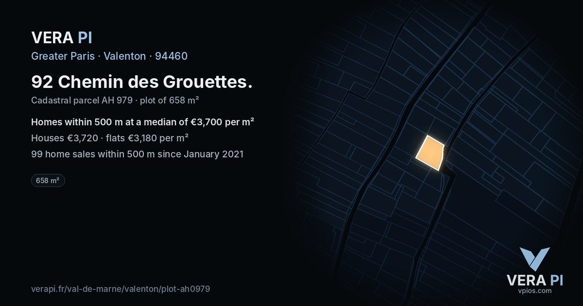 92 Chemin des Grouettes, Valenton at night – the plot lit, the parcels around coloured by the prices near them