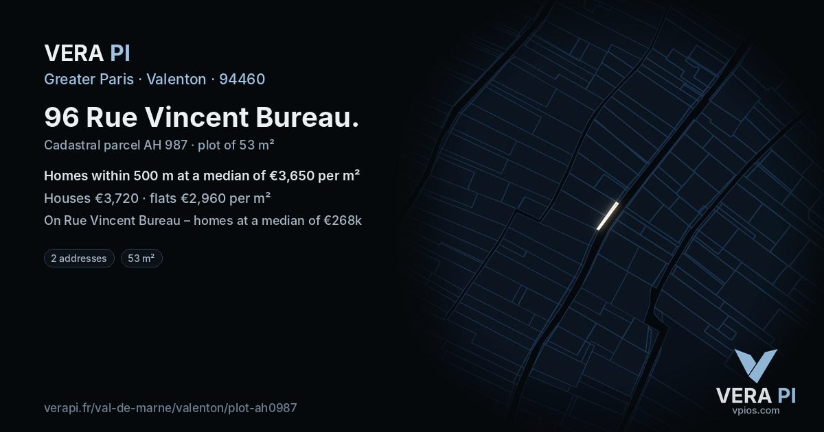 96 Rue Vincent Bureau, Valenton at night – the plot lit, the parcels around coloured by the prices near them