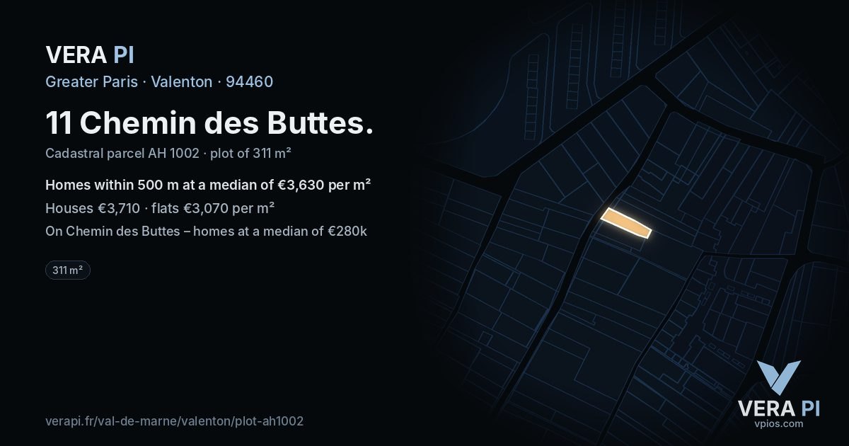 11 Chemin des Buttes, Valenton at night – the plot lit, the parcels around coloured by the prices near them