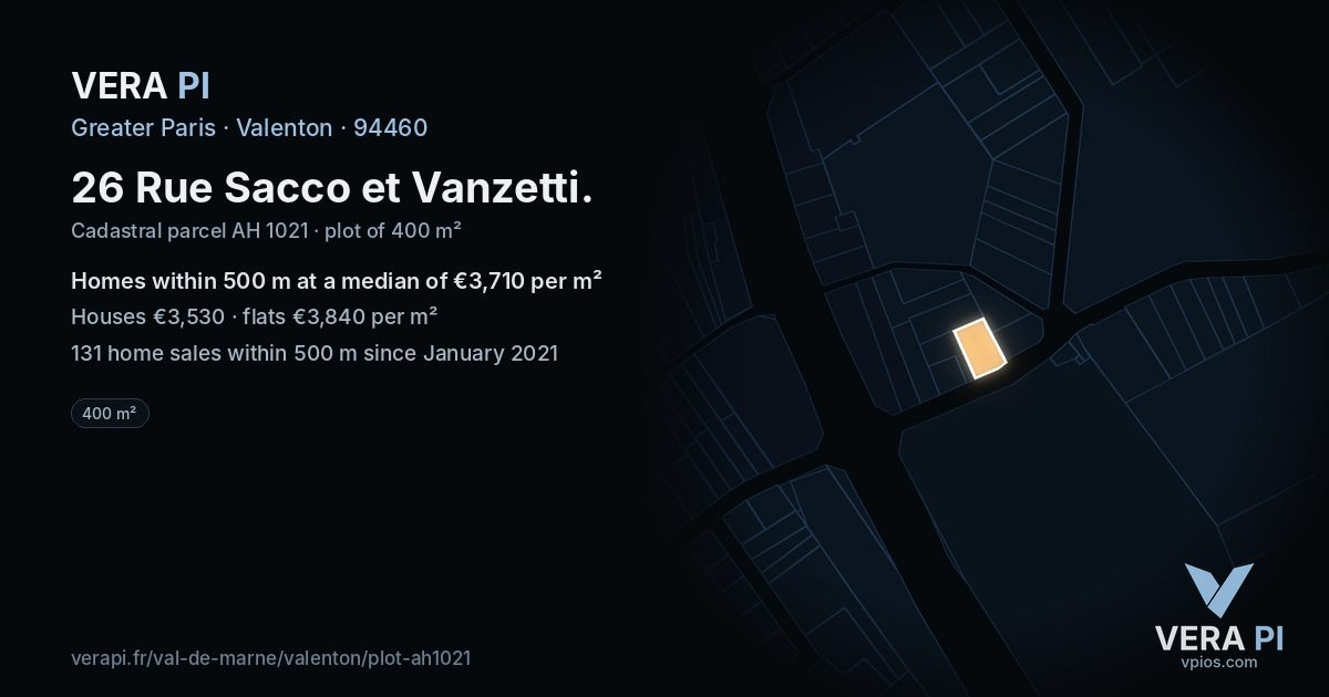26 Rue Sacco et Vanzetti, Valenton at night – the plot lit, the parcels around coloured by the prices near them