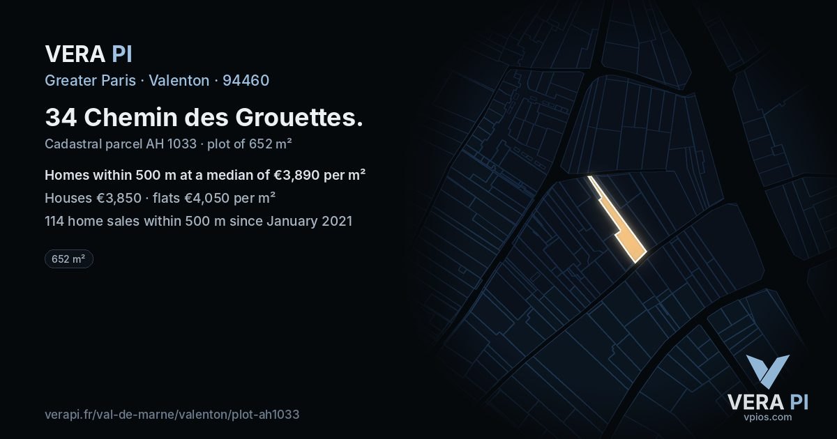34 Chemin des Grouettes, Valenton at night – the plot lit, the parcels around coloured by the prices near them