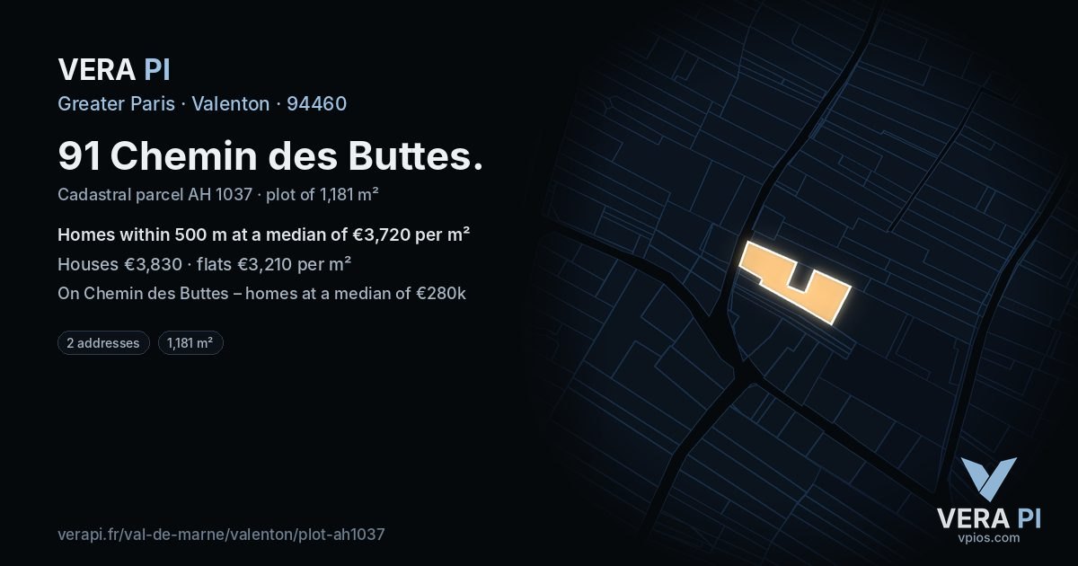 91 Chemin des Buttes, Valenton at night – the plot lit, the parcels around coloured by the prices near them