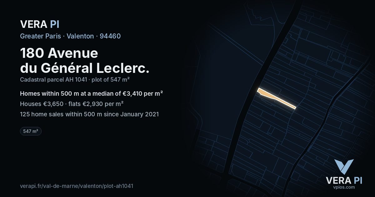 180 Avenue du Général Leclerc, Valenton at night – the plot lit, the parcels around coloured by the prices near them