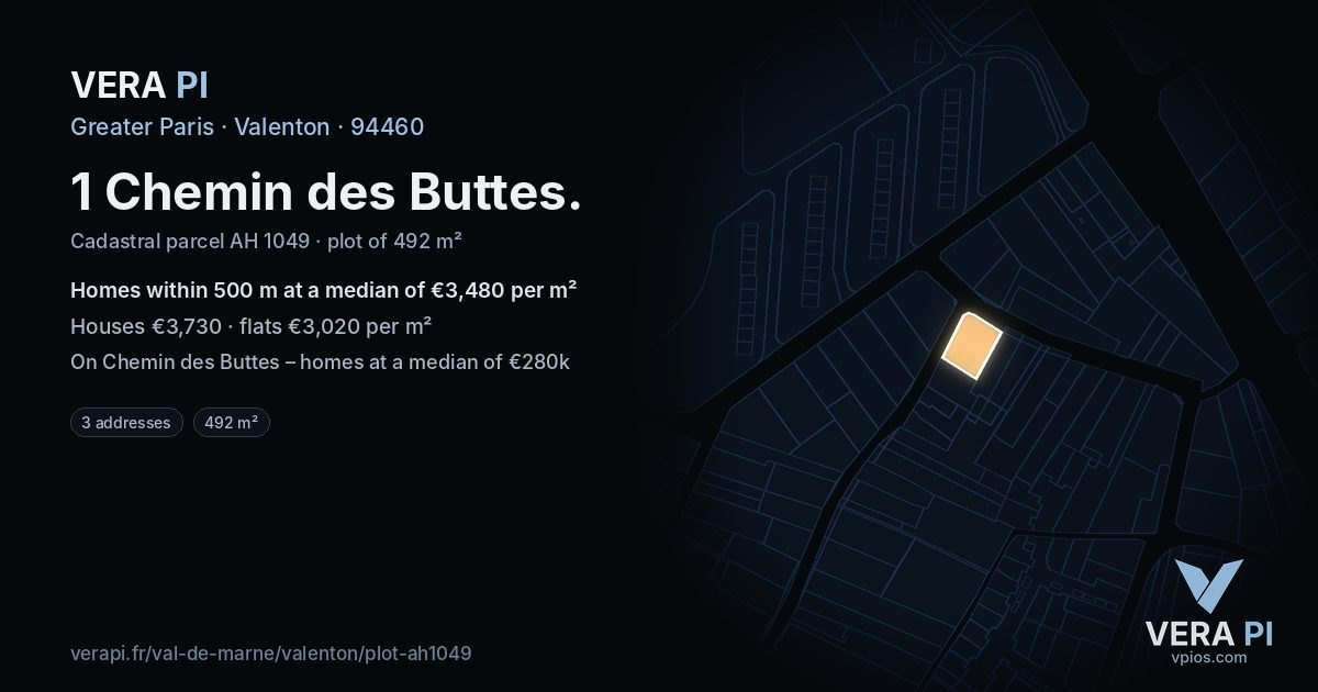 1 Chemin des Buttes, Valenton at night – the plot lit, the parcels around coloured by the prices near them