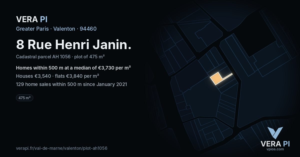 8 Rue Henri Janin, Valenton at night – the plot lit, the parcels around coloured by the prices near them