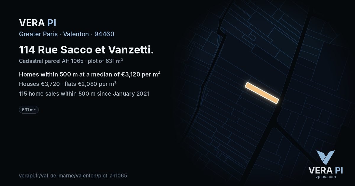 114 Rue Sacco et Vanzetti, Valenton at night – the plot lit, the parcels around coloured by the prices near them