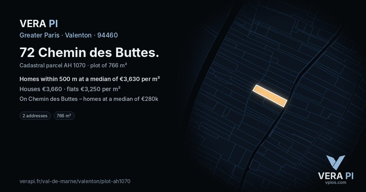 72 Chemin des Buttes, Valenton at night – the plot lit, the parcels around coloured by the prices near them
