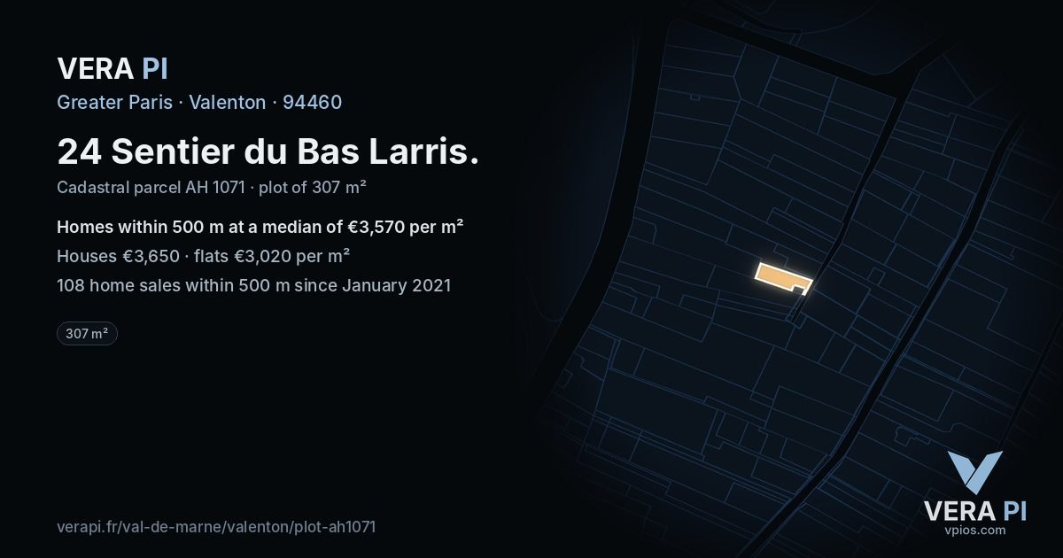24 Sentier du Bas Larris, Valenton at night – the plot lit, the parcels around coloured by the prices near them