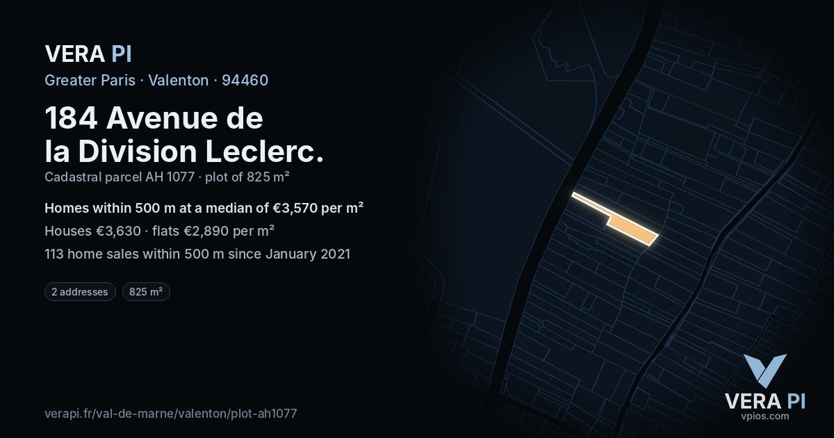 184 Avenue de la Division Leclerc, Valenton at night – the plot lit, the parcels around coloured by the prices near them