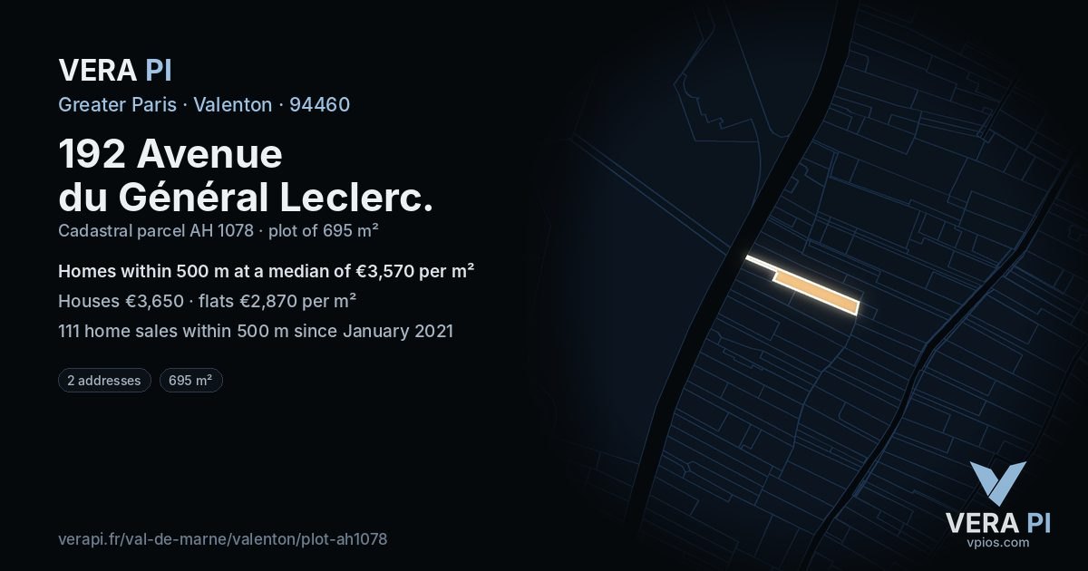 192 Avenue du Général Leclerc, Valenton at night – the plot lit, the parcels around coloured by the prices near them
