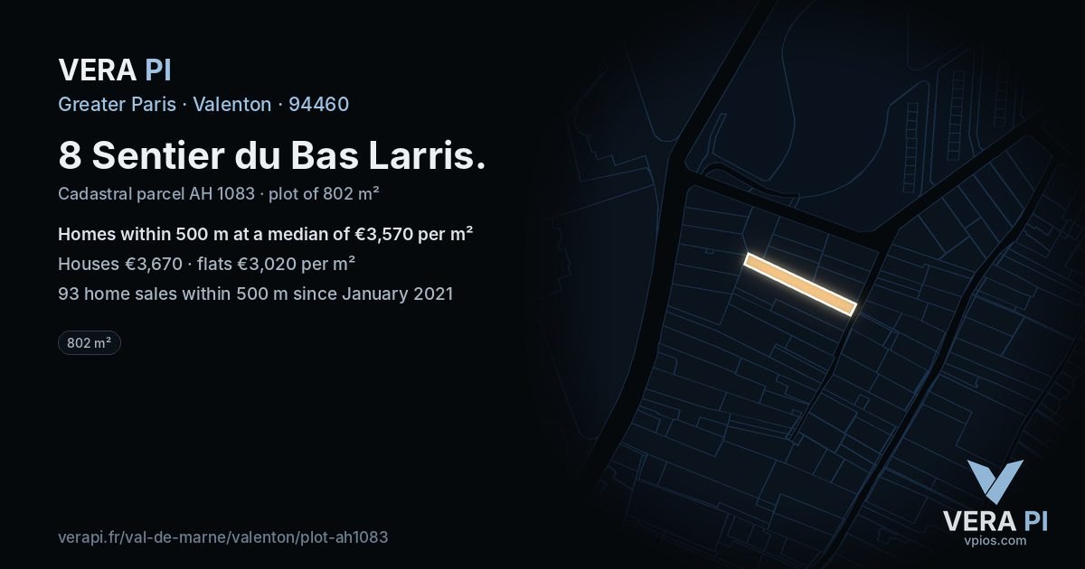 8 Sentier du Bas Larris, Valenton at night – the plot lit, the parcels around coloured by the prices near them
