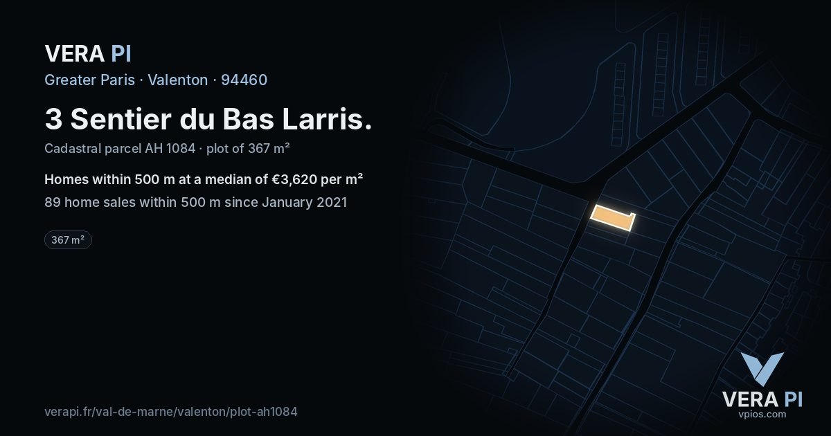 3 Sentier du Bas Larris, Valenton at night – the plot lit, the parcels around coloured by the prices near them