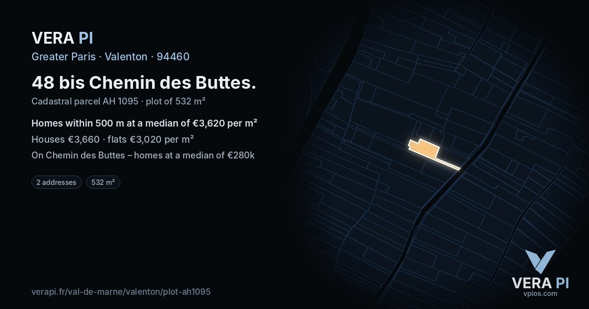 48 bis Chemin des Buttes, Valenton at night – the plot lit, the parcels around coloured by the prices near them