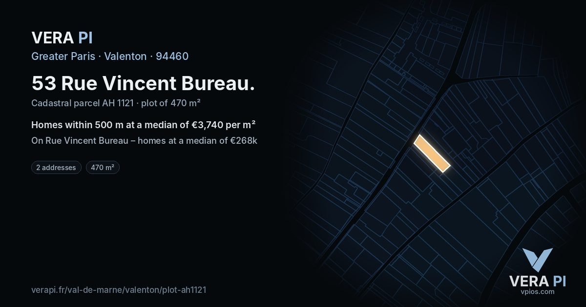 53 Rue Vincent Bureau, Valenton at night – the plot lit, the parcels around coloured by the prices near them