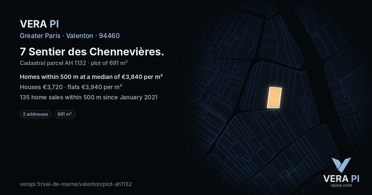 7 Sentier des Chennevières, Valenton at night – the plot lit, the parcels around coloured by the prices near them