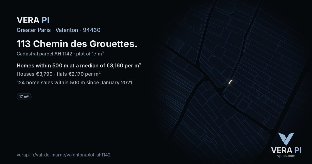 113 Chemin des Grouettes, Valenton at night – the plot lit, the parcels around coloured by the prices near them