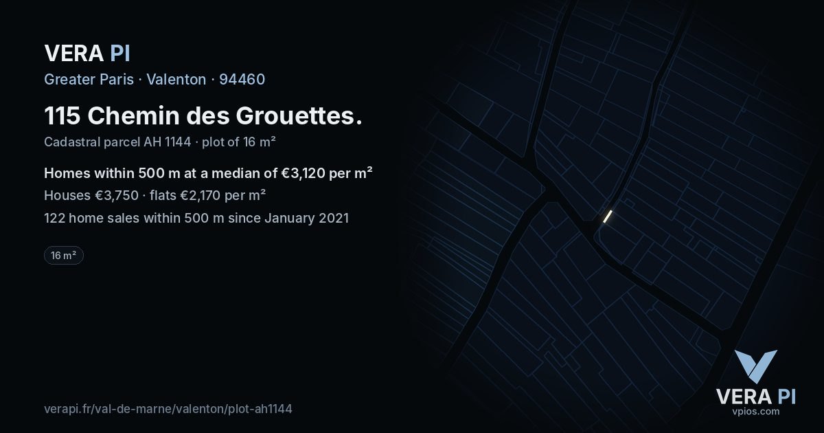115 Chemin des Grouettes, Valenton at night – the plot lit, the parcels around coloured by the prices near them