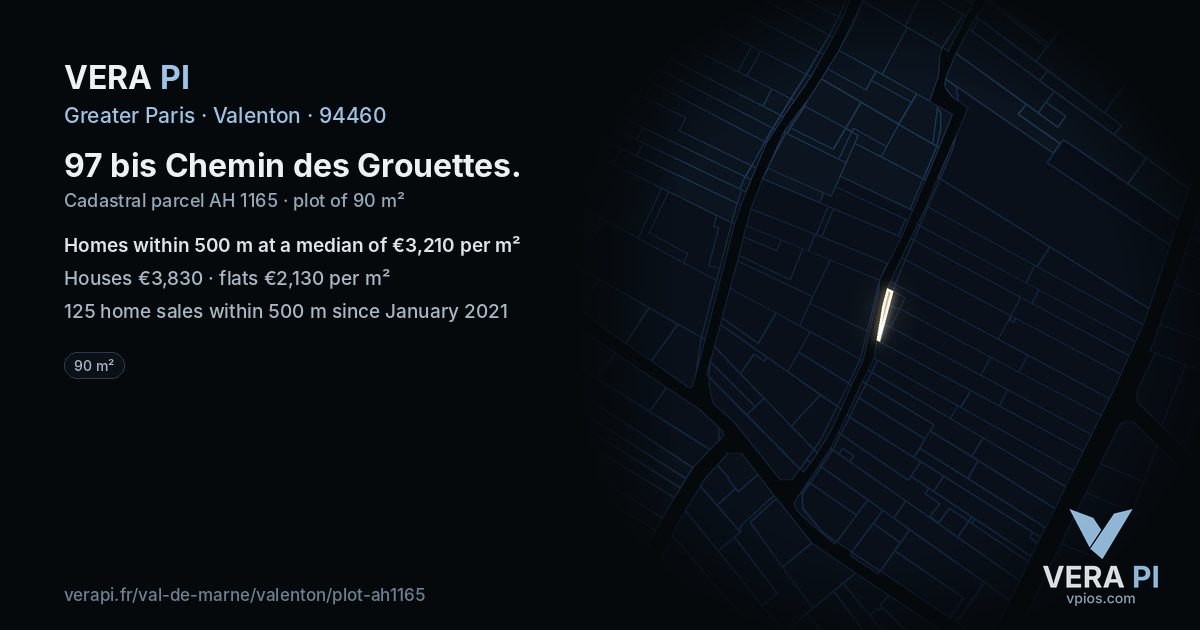 97 bis Chemin des Grouettes, Valenton at night – the plot lit, the parcels around coloured by the prices near them