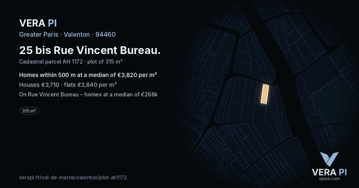 25 bis Rue Vincent Bureau, Valenton at night – the plot lit, the parcels around coloured by the prices near them