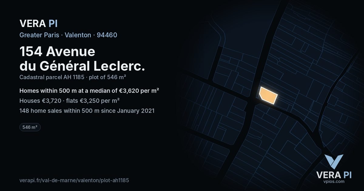 154 Avenue du Général Leclerc, Valenton at night – the plot lit, the parcels around coloured by the prices near them