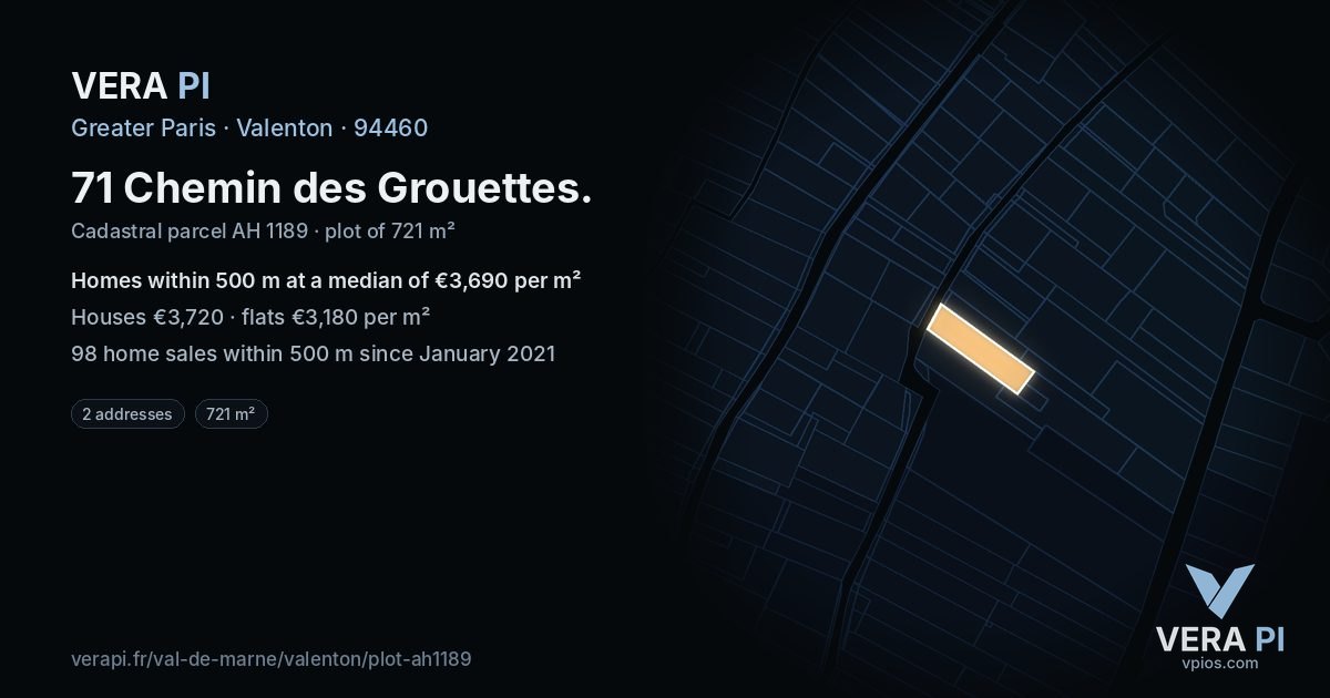 71 Chemin des Grouettes, Valenton at night – the plot lit, the parcels around coloured by the prices near them