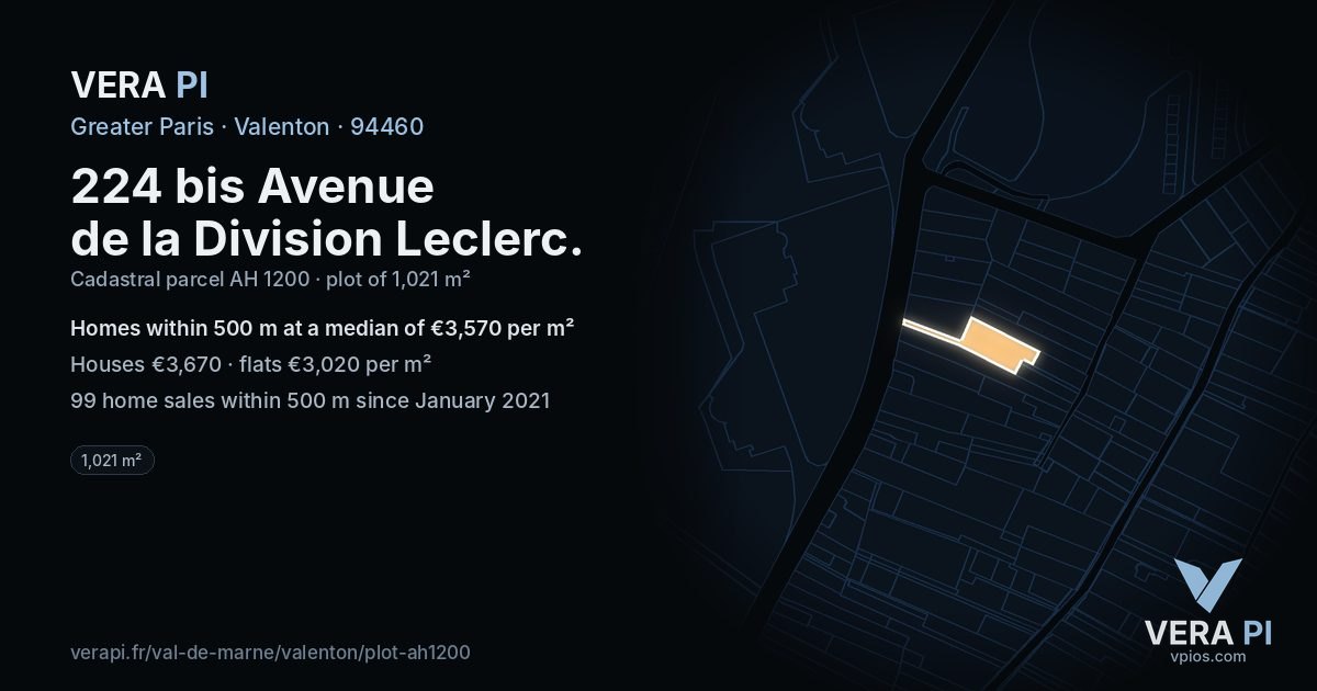 224 bis Avenue de la Division Leclerc, Valenton at night – the plot lit, the parcels around coloured by the prices near them