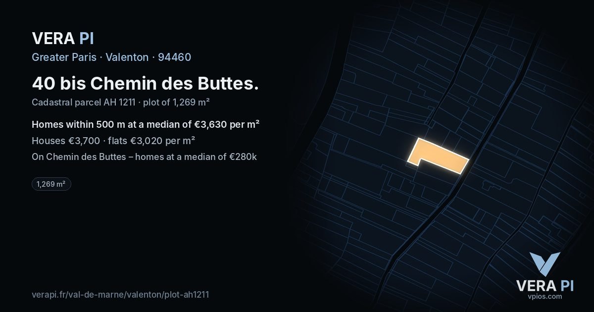 40 bis Chemin des Buttes, Valenton at night – the plot lit, the parcels around coloured by the prices near them