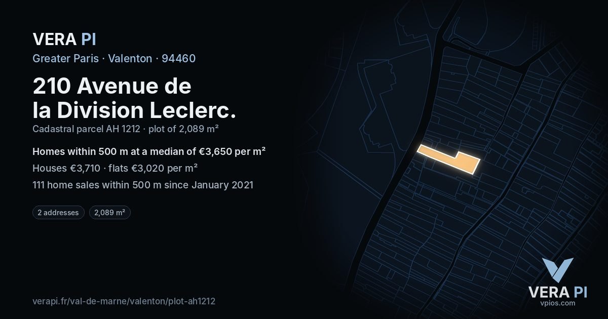 210 Avenue de la Division Leclerc, Valenton at night – the plot lit, the parcels around coloured by the prices near them