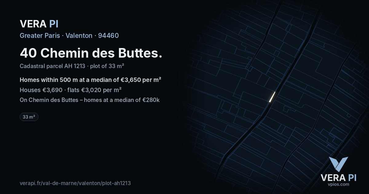 40 Chemin des Buttes, Valenton at night – the plot lit, the parcels around coloured by the prices near them