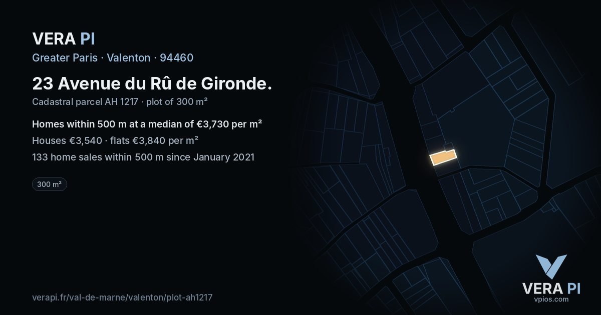 23 Avenue du Rû de Gironde, Valenton at night – the plot lit, the parcels around coloured by the prices near them