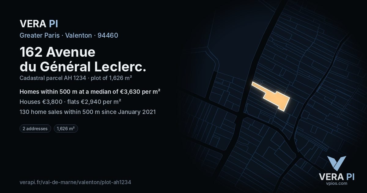 162 Avenue du Général Leclerc, Valenton at night – the plot lit, the parcels around coloured by the prices near them