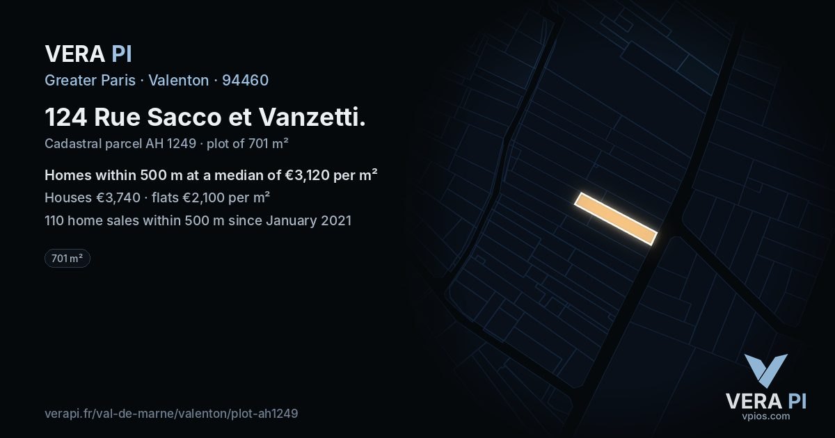 124 Rue Sacco et Vanzetti, Valenton at night – the plot lit, the parcels around coloured by the prices near them