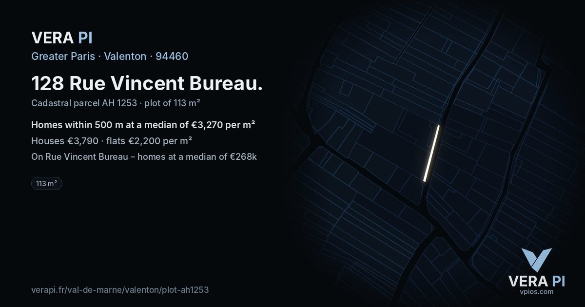 128 Rue Vincent Bureau, Valenton at night – the plot lit, the parcels around coloured by the prices near them