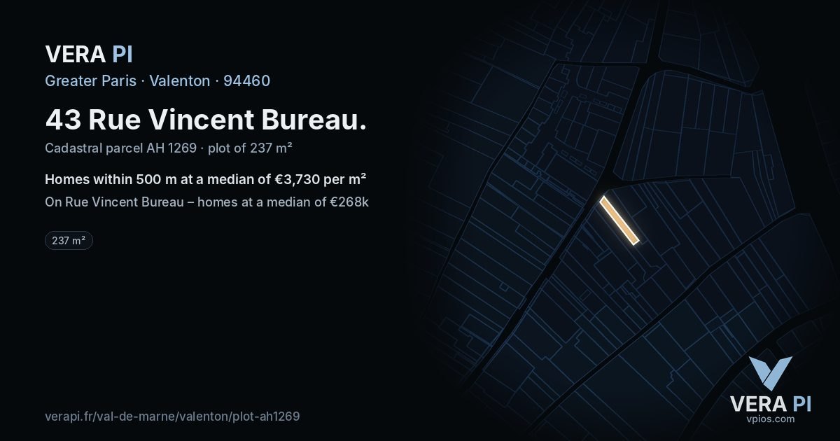 43 Rue Vincent Bureau, Valenton at night – the plot lit, the parcels around coloured by the prices near them