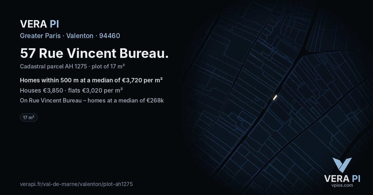 57 Rue Vincent Bureau, Valenton at night – the plot lit, the parcels around coloured by the prices near them