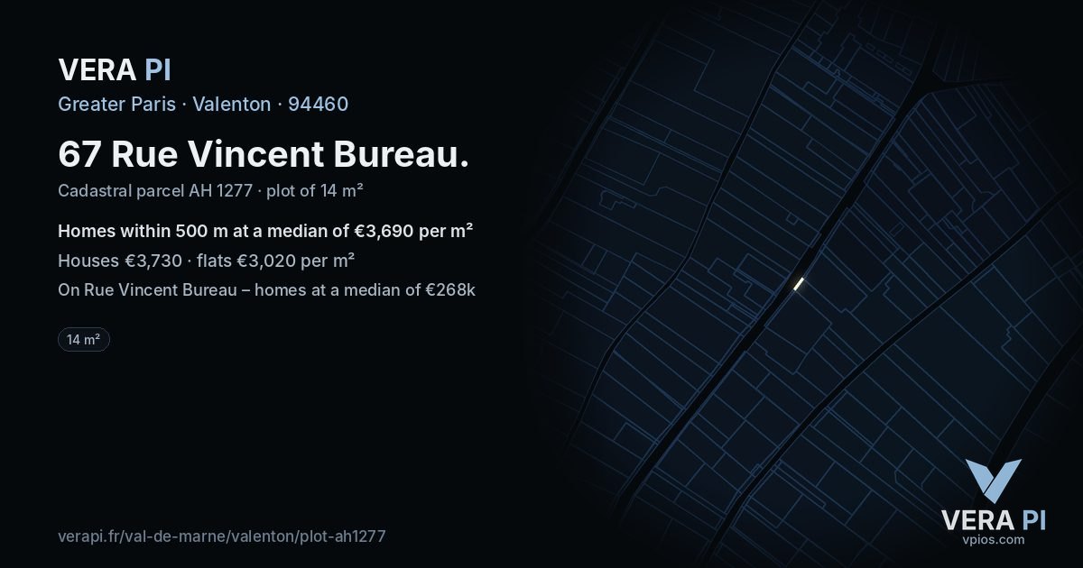 67 Rue Vincent Bureau, Valenton at night – the plot lit, the parcels around coloured by the prices near them
