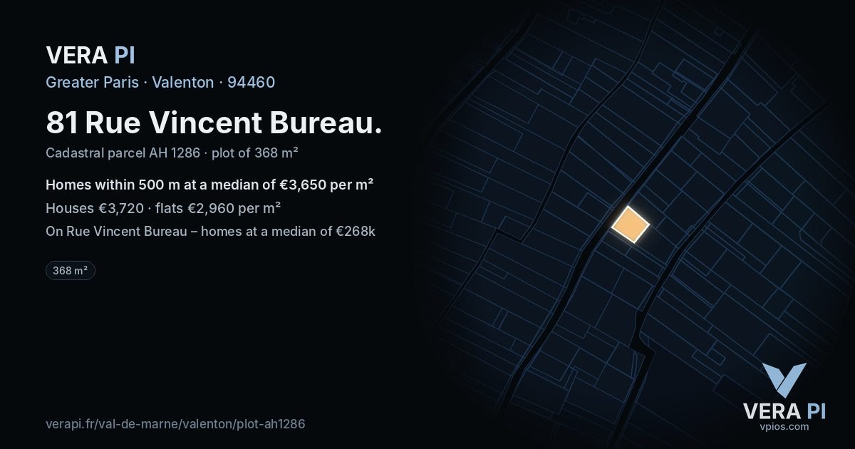81 Rue Vincent Bureau, Valenton at night – the plot lit, the parcels around coloured by the prices near them