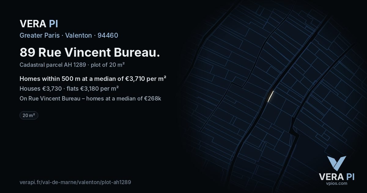 89 Rue Vincent Bureau, Valenton at night – the plot lit, the parcels around coloured by the prices near them