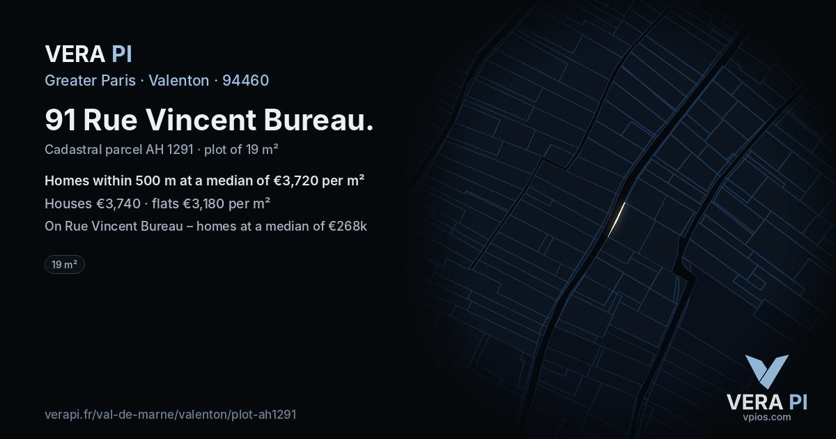 91 Rue Vincent Bureau, Valenton at night – the plot lit, the parcels around coloured by the prices near them